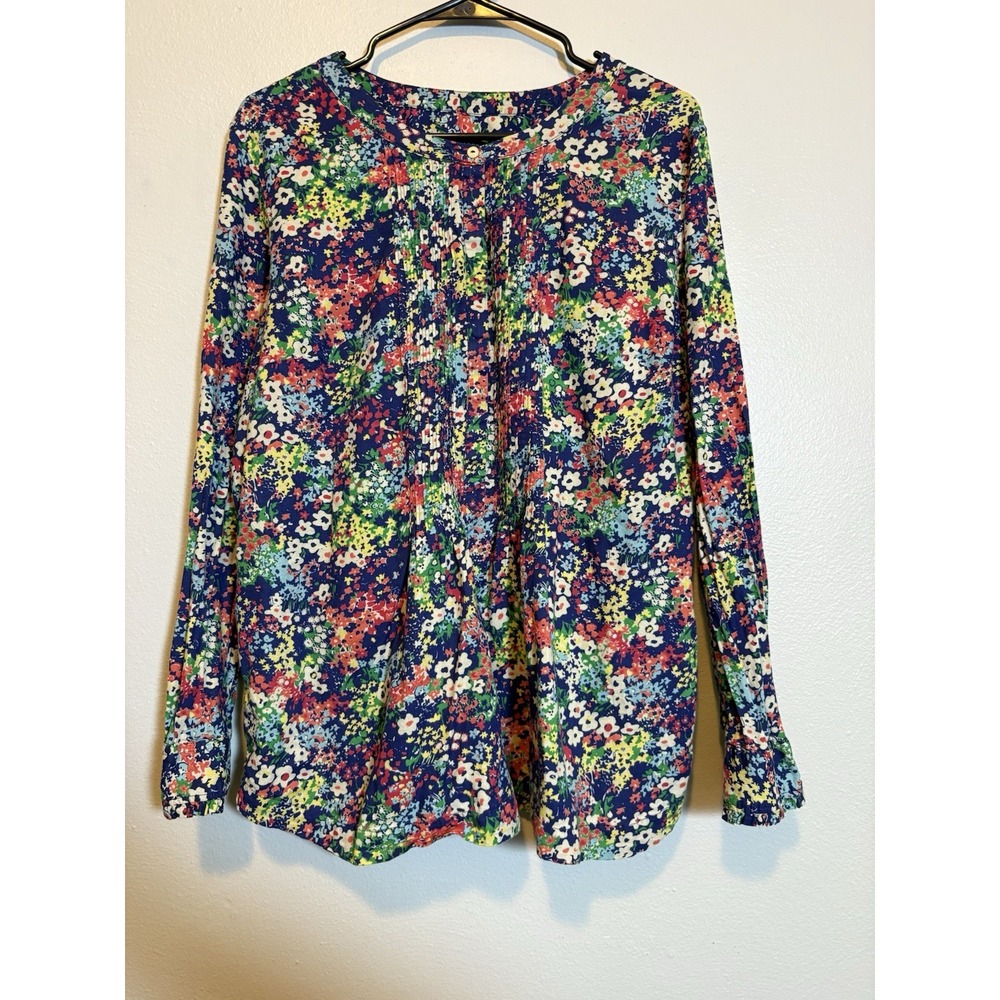 Talbots Floral Long Sleeve Blouse Pintuck Front Navy Multicolor Boho Cottagecore